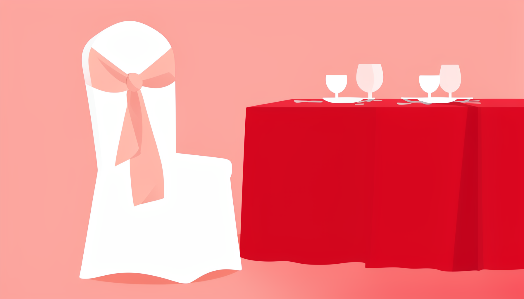 Flat vector illustration of a banquet chair with a fitted white cover and a coordinating blush satin tie, shown beside matching linens