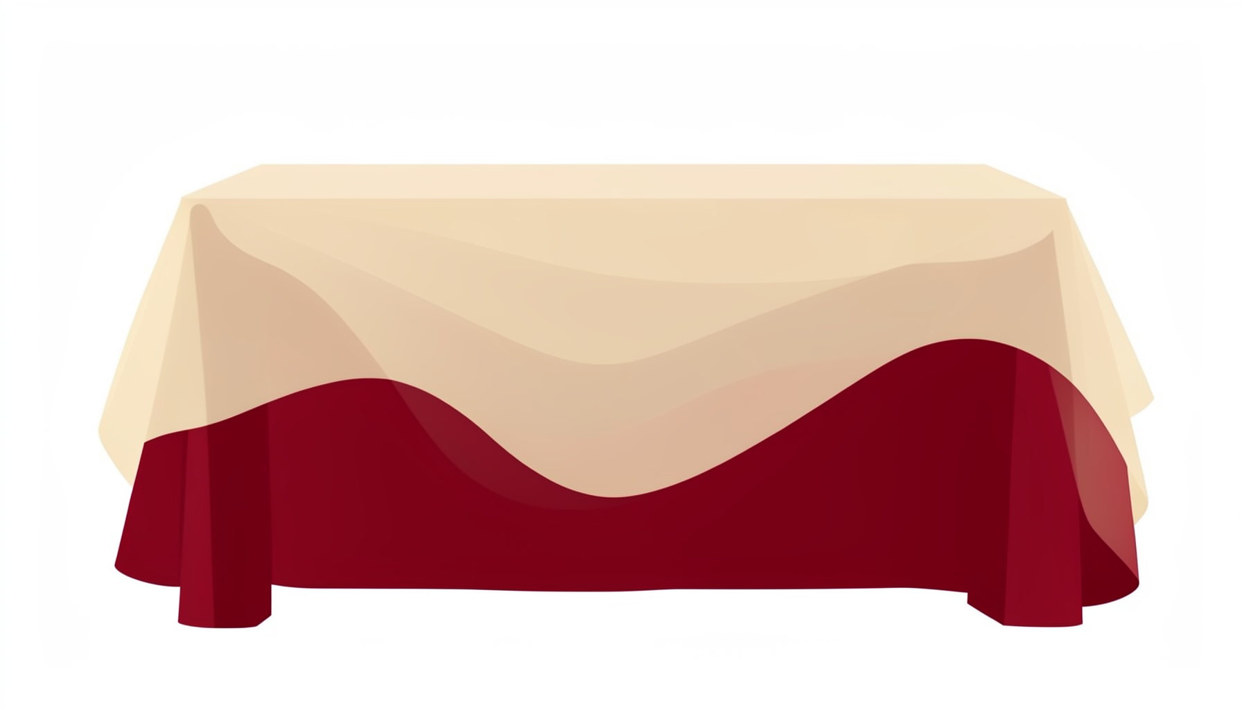 Flat vector illustration of a table layered with a sheer organza overlay in soft champagne, cascading gently over a dark undercloth