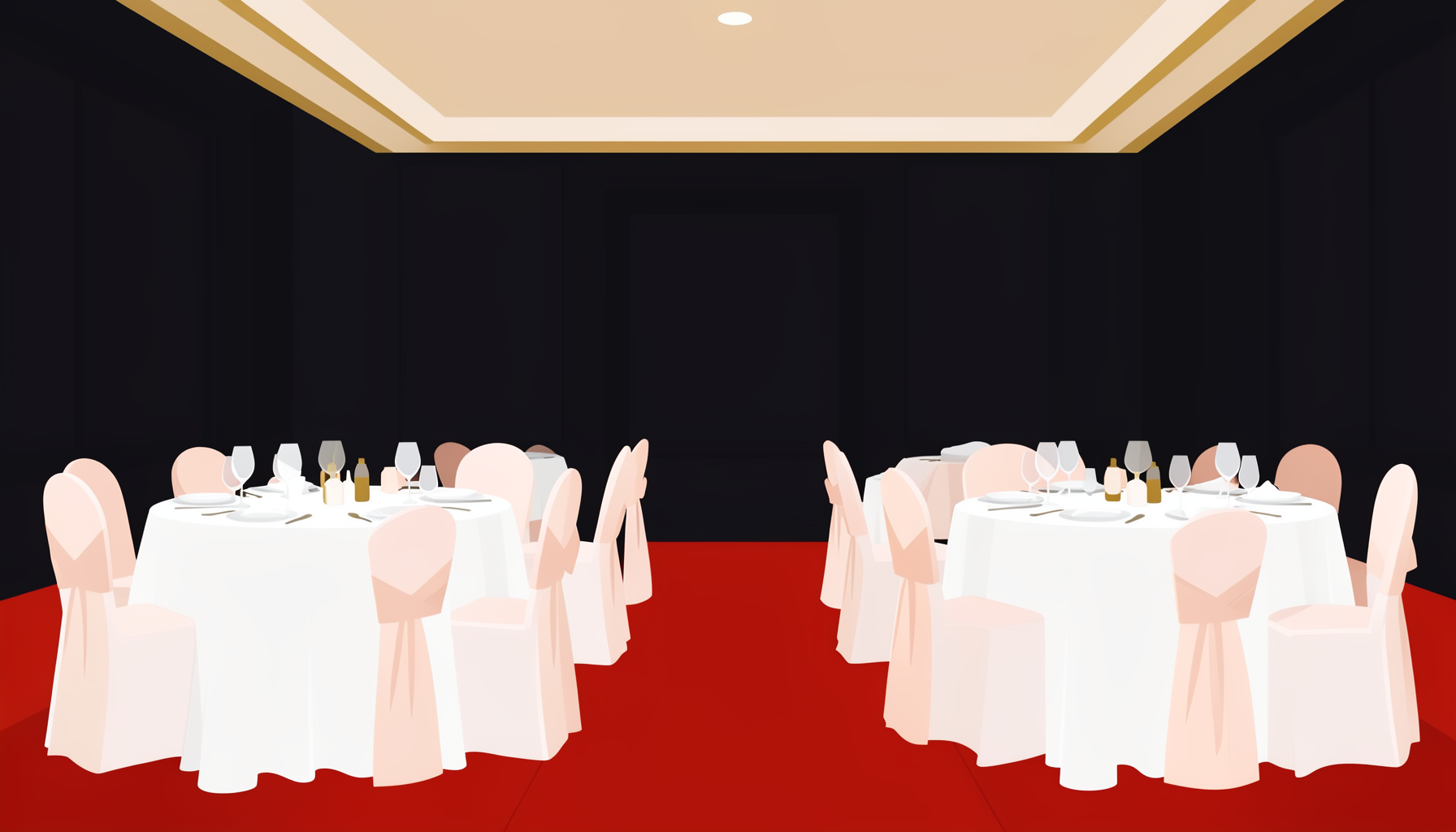 Flat vector illustration of a warmly lit banquet hall with round tables draped in white linens and soft blush chair ties