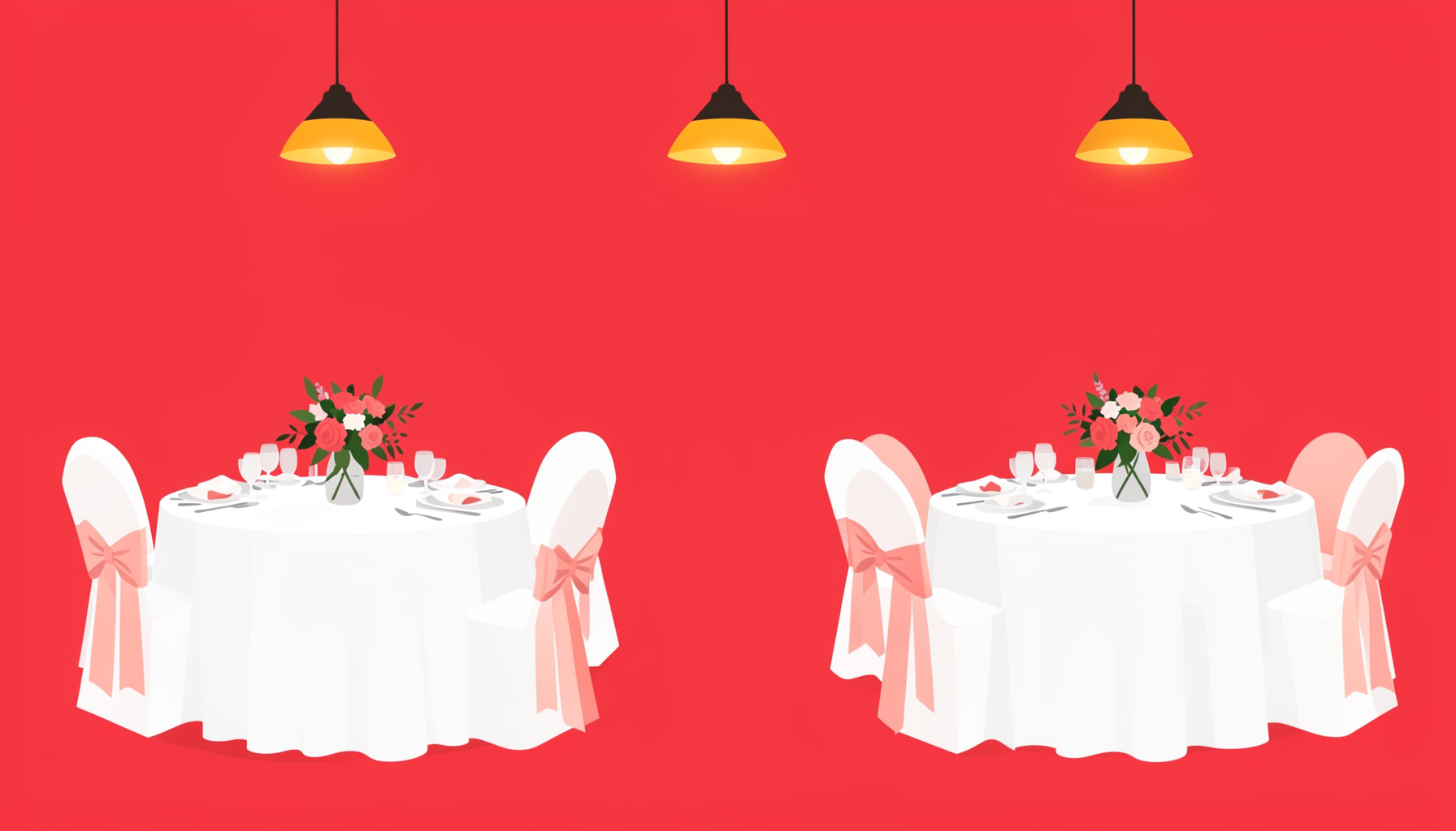 Flat vector illustration of a completed banquet setup with round tables in white linens, blush chair ties, and floral centerpieces