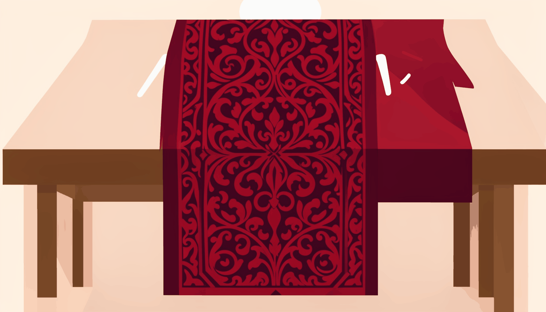 Flat vector illustration of a table setting featuring a richly textured brocade runner in deep burgundy with ornate woven patterns, layered over a cream tablecloth, with gold-rimmed dinnerware and folded napkins.
