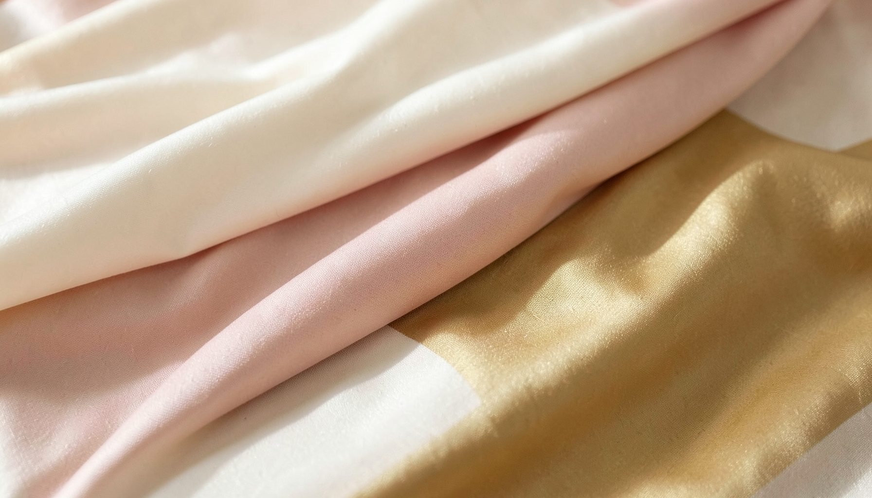 Close-up of soft draped fabric in cream, pink, and gold tones, warm elegant mood