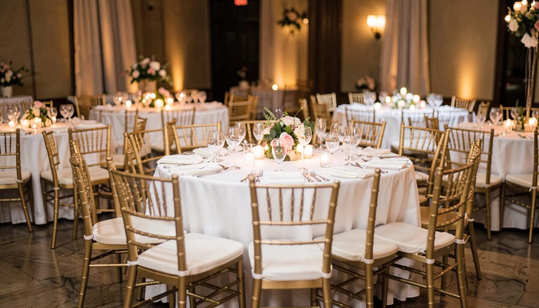 Elegant banquet hall with round tables, white linens, gold chairs, candles and floral centerpieces, warm romantic mood