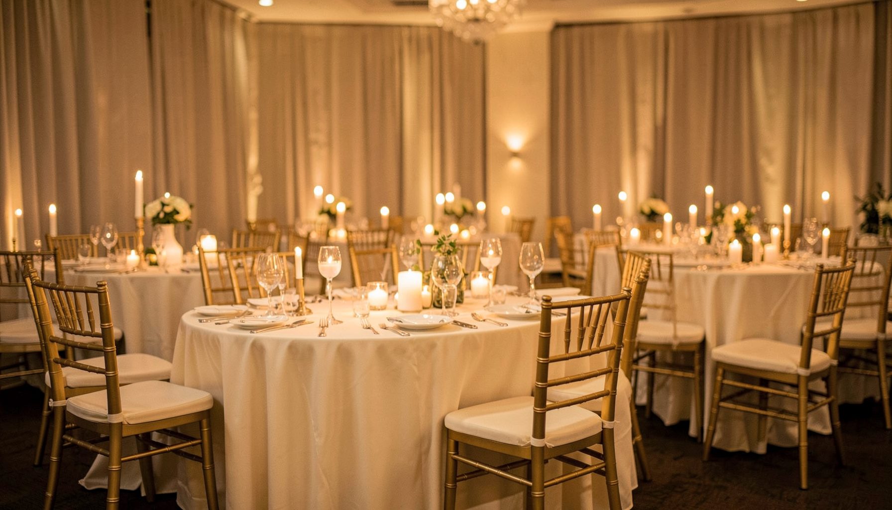 Dim banquet room with round tables set with white linens, gold chairs, candles, and floral arrangements, warm cozy mood