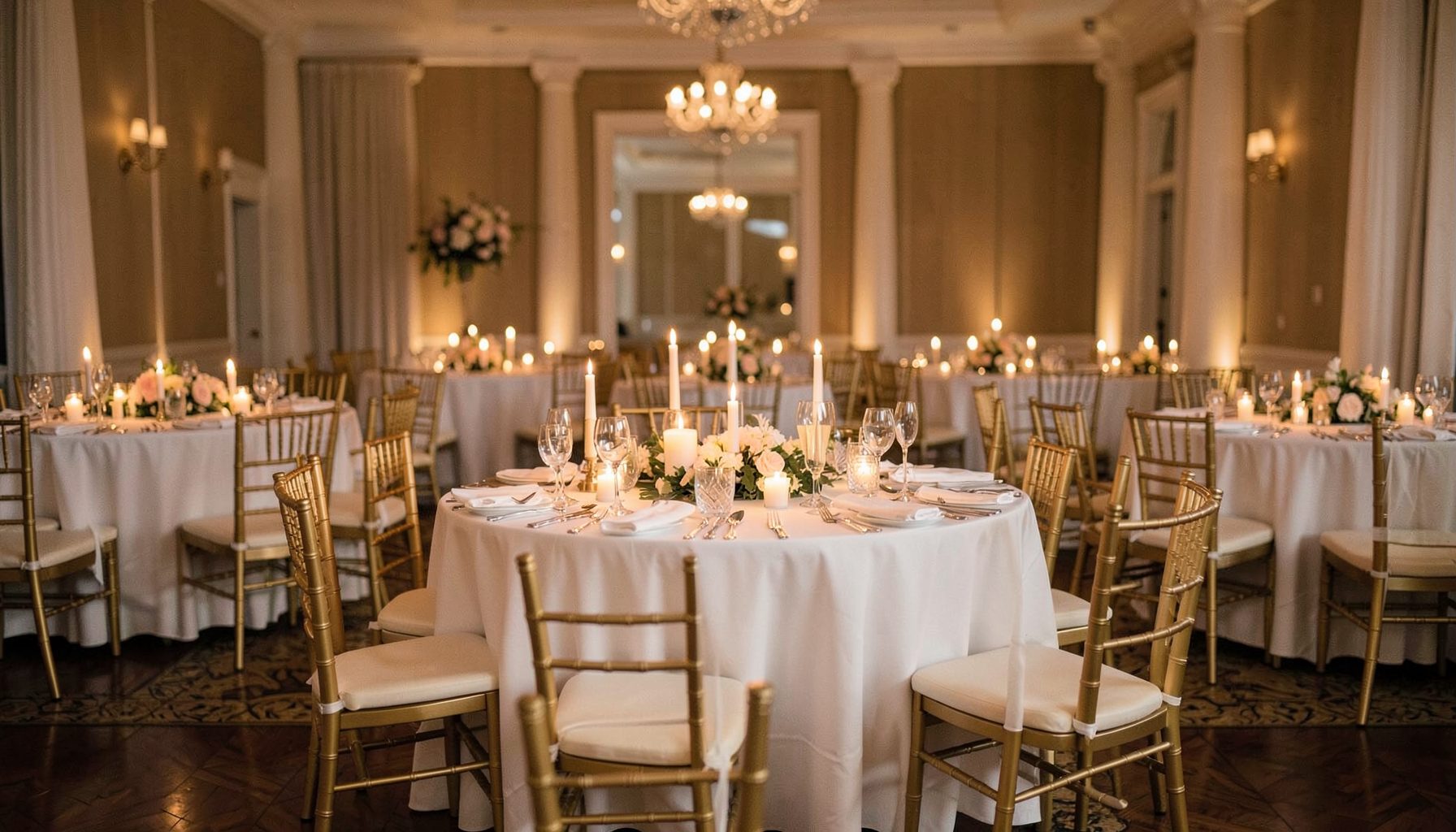 Grand ballroom with columns, chandeliers, round tables set with white linens, gold chairs, candles and flowers, elegant